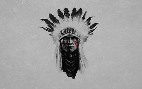 Nativos americanos, cocar, coloração seletiva, fundo simples, penas, obras de arte, rosto, homens, minimalismo, HD papel de parede HD wallpaper