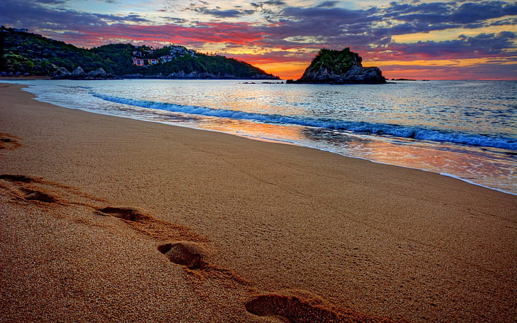 brown seashore, beach, coast, sea, island, sunset, HD wallpaper