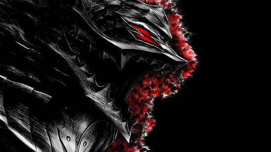 papel tapiz negro y rojo, Berserk, armadura, obra de arte, arte digital, tripas, Kentaro Miura, manga, Fondo de pantalla HD HD wallpaper