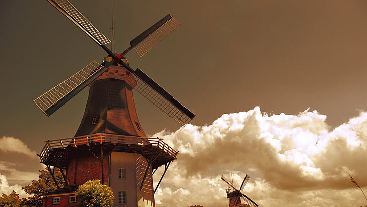 windmill, clouds, trees, Netherlands, landscape, HD wallpaper