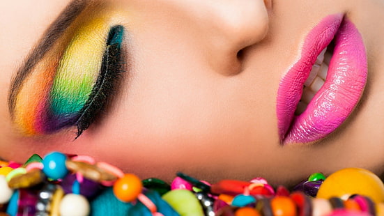 makeup, model, closed eyes, bright, women, closeup, open mouth, face, colorful, lipstick, lips, HD wallpaper HD wallpaper