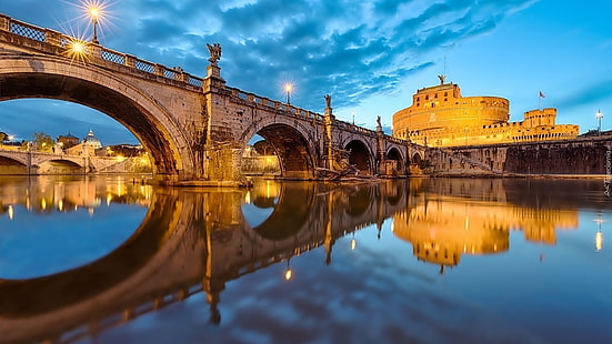 روما إيطاليا جسر بونتي سانت أنجيلو جسر نهر تيبر قلعة سان أنجيلو انعكاس خلفيات عالية الدقة للهواتف المحمولة الكمبيوتر اللوحي والكمبيوتر المحمول 1920 × 1080، خلفية HD HD wallpaper