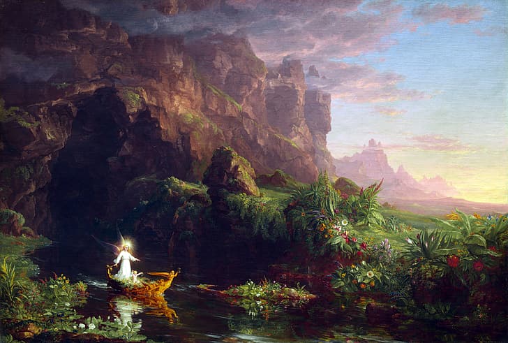 Thomas Cole, The Voyage of Life, painting, classic art, The Voyage of Life: Childhood, HD wallpaper