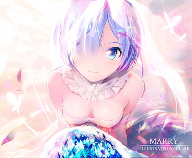 re: zero, rem, wedding dress, smiling, bride, flower bouquet, Anime, HD wallpaper HD wallpaper