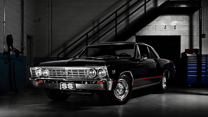 schwarzes Chevrolet-Coupé, Garage, Dämmerung, Muscle-Car, Chevrolet, Chevelle ss, HD-Hintergrundbild