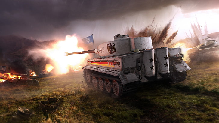 The sky, Clouds, Mountains, Fog, Tiger, Smoke, Fire, The explosion, Light, Flame, Shot, Tanks, WoT, Camouflage, PzKpfw VI Tiger, World Of Tanks, Wargaming Net, Tiger I, T49, World of Tanks: Xbox 360, World of Tanks: Playstation 4, World of Tanks: Xbox One, HD wallpaper