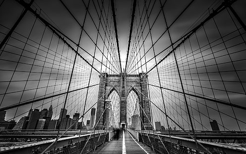 Brooklyn Köprüsü Köprüsü Kabloları New York Binaları Gökdelenler BW HD, binalar, bw, mimarlık, gökdelenler, köprü, yeni, york, brooklyn, kablolar, HD masaüstü duvar kağıdı HD wallpaper