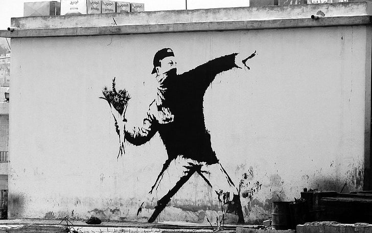 Banksy, grafiti, skala abu-abu, monokrom, Wallpaper HD