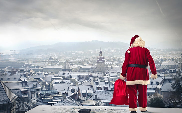 サンタクロースの衣装、クリスマス、新年、サンタクロース、屋根、都市、 HDデスクトップの壁紙
