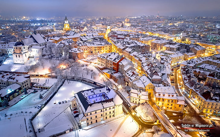 Люблин, Полша, полски, градски пейзаж, туризъм, туризъм, Европа, сняг, зима, HD тапет