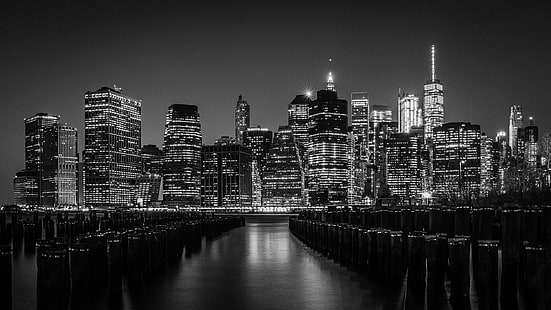 stadsbildsfoto av byggnader bredvid vattenkroppen, New York City, stadsbild, foto, byggnader, vattensamling, fuji, fujifilm, manhattan, spegelfri, nyc, wcl, x100, bw, skyline, svartvitt, urban skyline, uSA, skyskrapa, downtown District, arkitektur, manhattan - New York City, urban scen, berömd plats, stad, natt, flod, byggnad exteriör, kontorsbyggnad, HD tapet HD wallpaper