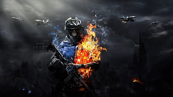 fondo de pantalla digital soldado en llamas, Battlefield 3, fuego, rascacielos, avión de combate, avión, avión, arma, militar, supresores, oscuro, humo, guerra, ejército, videojuegos, Fondo de pantalla HD HD wallpaper