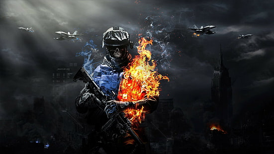 небоскреб, Battlefield 3, дым, тьма, война, самолеты, реактивный истребитель, огонь, видеоигры, самолет, армия, оружие, подавители, военные, HD обои HD wallpaper