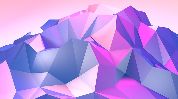 Low Poly Mountain, ilustración púrpura y rosa, artístico, abstracto, azul, colorido, púrpura, moderno, gráficos, rosa, magenta, diseño, luz, fondo, brillante, sombras, vívido, violeta, geométrico, digital, polígonos, diseño gráfico, 3DComputerGraphicsLowPoly, Fondo de pantalla HD