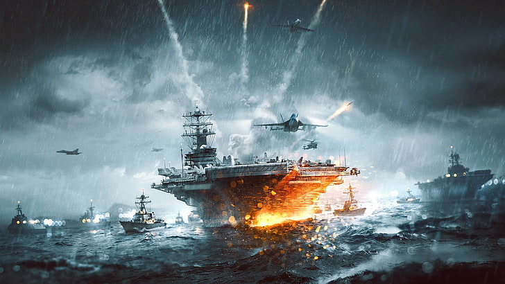 battle ships wallpaper, video games, Battlefield 3, military, aircraft carrier, fleets, aircraft, military aircraft, sea, rain, McDonnell Douglas F/A-18 Hornet, HD wallpaper