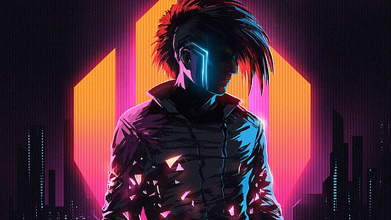 uomo che indossa l'illustrazione superiore grigia, silhouette di un uomo con colori al neon, Klayton, Scandroid, cyberpunk, paesaggio urbano, arte digitale, Sfondo HD HD wallpaper