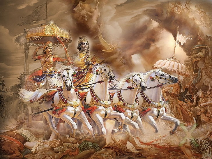 Krishna Bhagavad Gita, dua pria menunggang kuda di bawah lukisan langit coklat, Tuhan, Dewa Krishna, Wallpaper HD