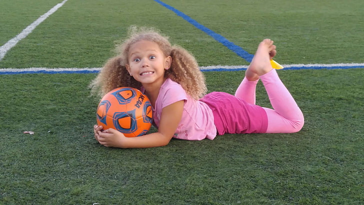 blonde hair, curly hair, pink, silly, soccer, soccer ball, soccer field, young girl, HD wallpaper