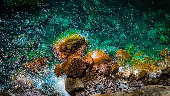 acqua, mare, riva, onda, scogliera, costa, roccia, roccioso, Sfondo HD HD wallpaper