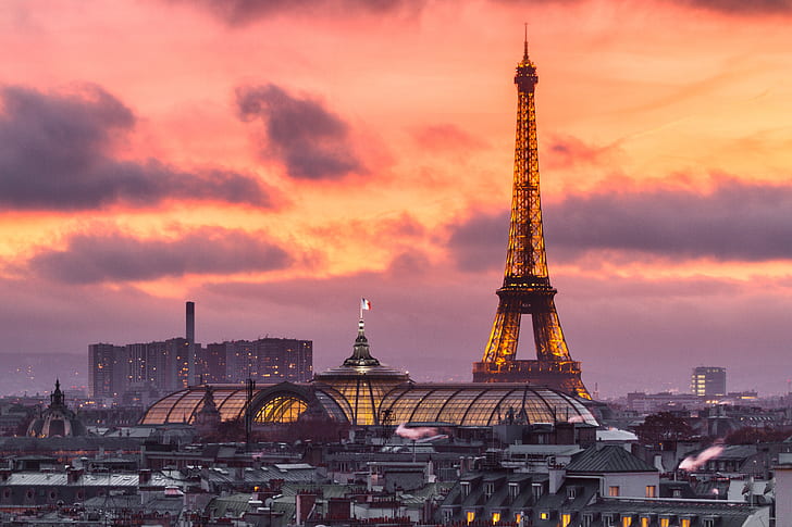 Monuments, Eiffel Tower, Building, City, Cityscape, Dusk, France, Monument, Paris, Sky, Sunset, HD wallpaper
