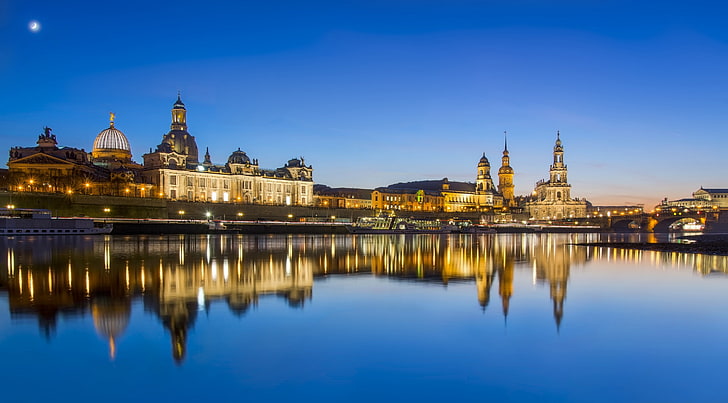 Dresden, white and grey concrete building, City, Lights, Blue, Beautiful, Yellow, Night, River, Buildings, Water, Architecture, Golden, Germany, Europe, Reflection, Dresden, travel, spring, blue hour, deutschland, saxony, elbe, HD wallpaper