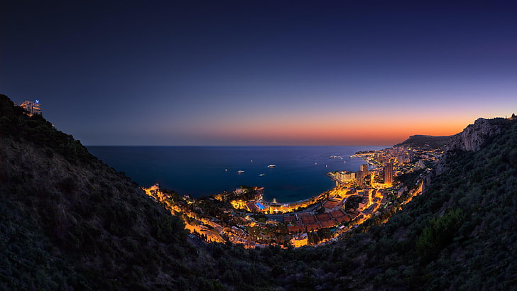 Монако, Европа, здрач, нощ, небе, светлина, лодки, пътуване, ваканция, море, океан, панорама, изглед, Монтекарло, Монте Карло, HD тапет