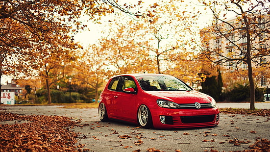 berlina rossa a 3 porte Volkswagen, senza titolo, Volkswagen, Stance, fall, Golf GTI, Golf VI, auto, macchine rosse, foglie, Sfondo HD HD wallpaper