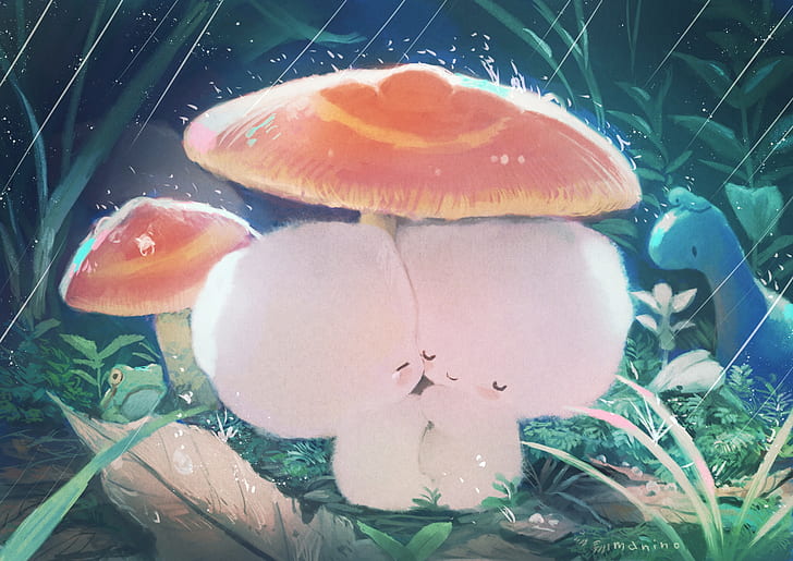 Fantasy, Creature, Cute, Frog, Love, Mushroom, Rain, HD wallpaper