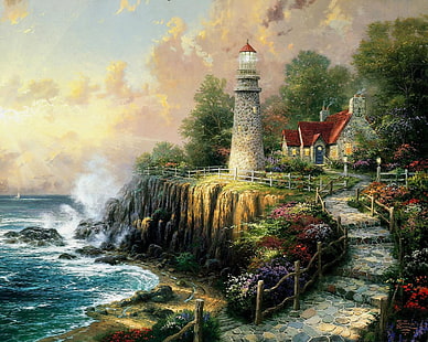 brown lighthouse illustration, sea, wave, nature, house, open, lighthouse, track, stage, painting, cottage, art, Thomas Kinkade, The light of Peace, stone, HD wallpaper HD wallpaper