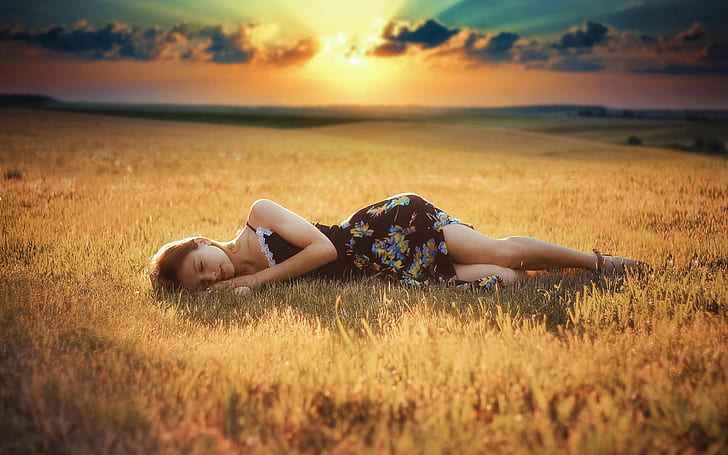 Girl sleep, grass, dusk, sunlight, Girl, Sleep, Grass, Dusk, Sunlight, HD wallpaper