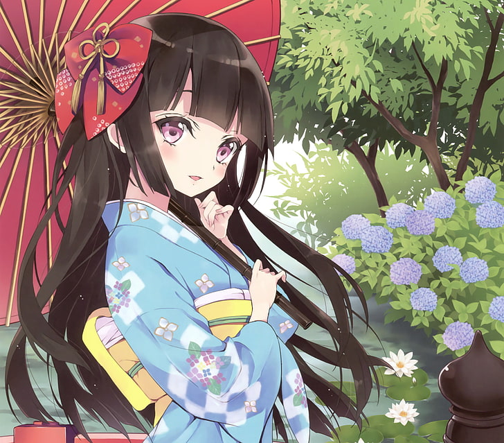 Anime, Original, Black Hair, Brown Eyes, Carnation, Kimono, Long Hair,  Parasol, HD wallpaper | Wallpaperbetter