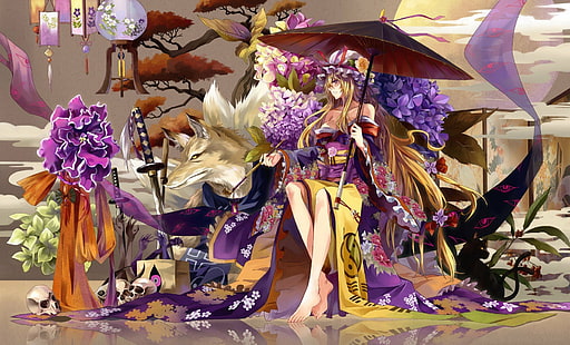 kot, dekolt, katana, liliowy, długie włosy, natura, dziewięć ogonów, parasol, fioletowe oczy, fioletowe kwiaty, czaszka, touhou, Yakumo Yukari, yukata, Tapety HD HD wallpaper