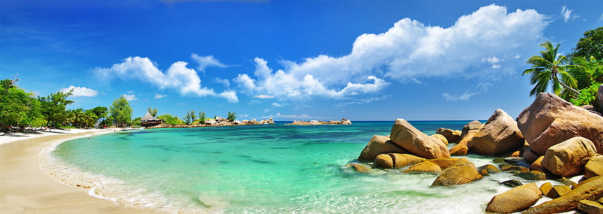 коричневая каменная иллюстрация, море, облака, тропики, камни, пальмы, побережье, дома, HD обои HD wallpaper