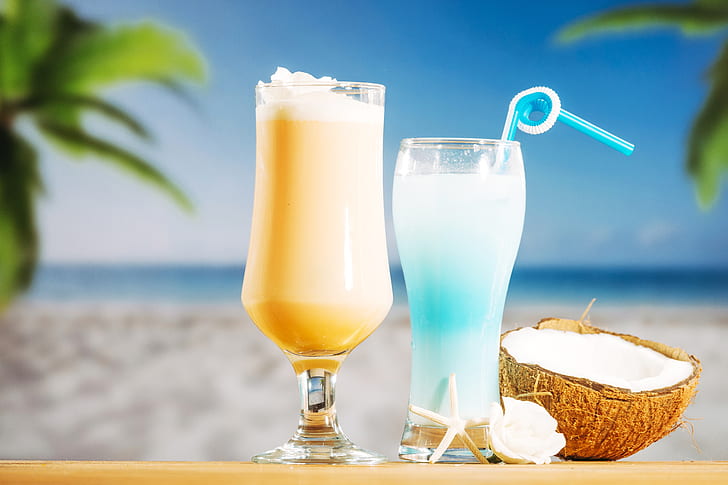 sea, beach, summer, stay, coconut, cocktail, drinks, vacation, fruit, drink, tropical, HD wallpaper