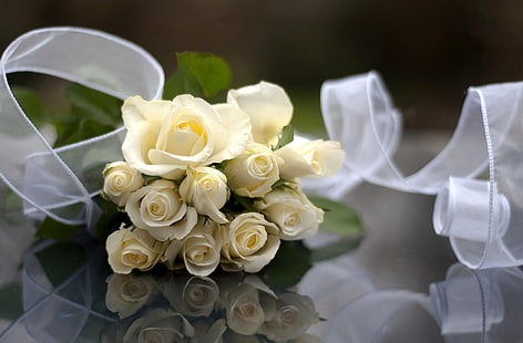 白いバラの花の花束、バラ、白、花、花束、リボン、反射、 HDデスクトップの壁紙 HD wallpaper