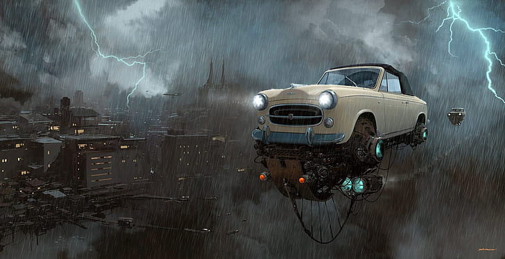 The sky, Auto, Figure, The city, Machine, Rain, The world, City, Zipper, World, Fantasy, Sky, Car, Art, Lightning, Fiction, Diesel, The shower, Automobiles, Fly, Drawing, Universo Chatarra, Dieselpunk, Flying machine, Flying machines, Alejandro Burdisio, by Alejandro Burdisio, Alternate universe, This moment, The universe of junk, Alternative Universe, Flying buildings, HD wallpaper