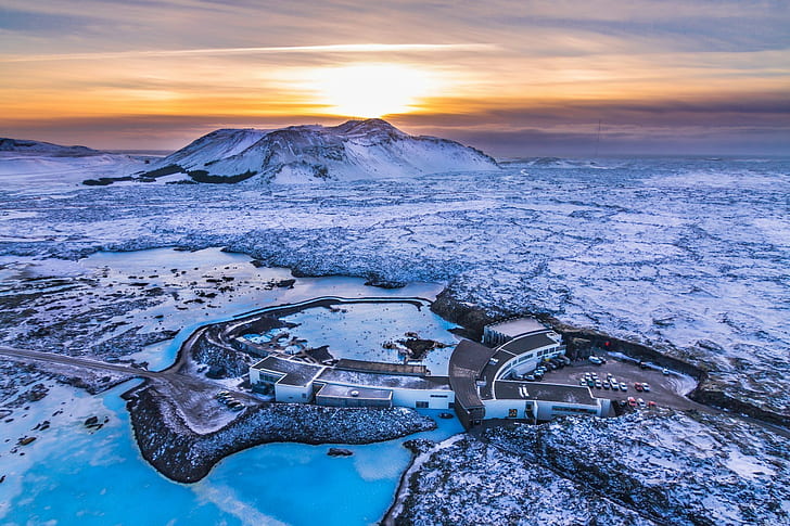 natura, paesaggio, inverno, neve, ghiaccio, Islanda, tramonto, lago, geyser, veduta aerea, Turismo, montagne, blu, Sfondo HD