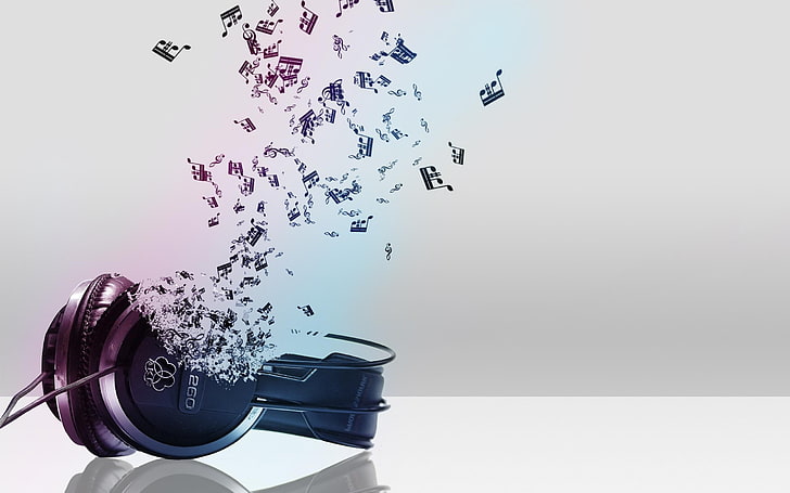 Music Comes From The Headphones, black and gray headphones with musical notes edited photo, Music, , flying, headphone, notes, HD wallpaper