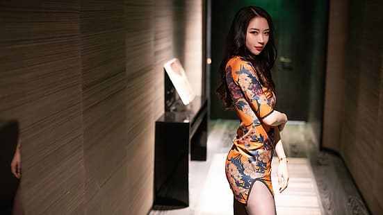 женщины, модель, азиатка, китаянка, колготки, мини-платье, HD обои HD wallpaper