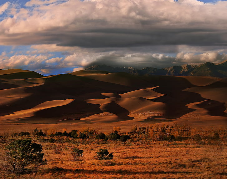 Colorado, USA, desert, desert mountains under grey cloudy skies, sand, sky, clouds, desert, dune, usa, colorado, HD wallpaper