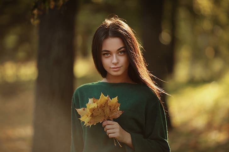 outono, veja, menina, cara, retrato, folhas de plátano, Bokeh, Arina, Dmitry Arhar, HD papel de parede