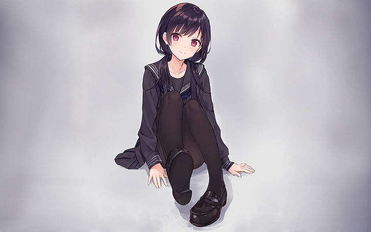 seragam sekolah, latar belakang sederhana, anime, rambut hitam, gadis anime, Wallpaper HD