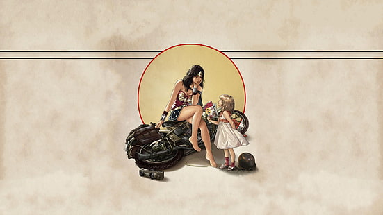 DC 코믹스, 만화책, Wonder Woman, 맨발, 오토바이를 타는 여성, 어린이, 삽화, 슈퍼 히어로, 오토바이, HD 배경 화면 HD wallpaper