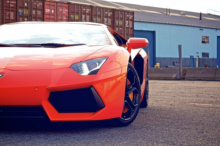 красный Lamborghini Aventador спортивное купе на дороге в дневное время, машина, спорткар, Lamborghini, красные автомобили, HD обои