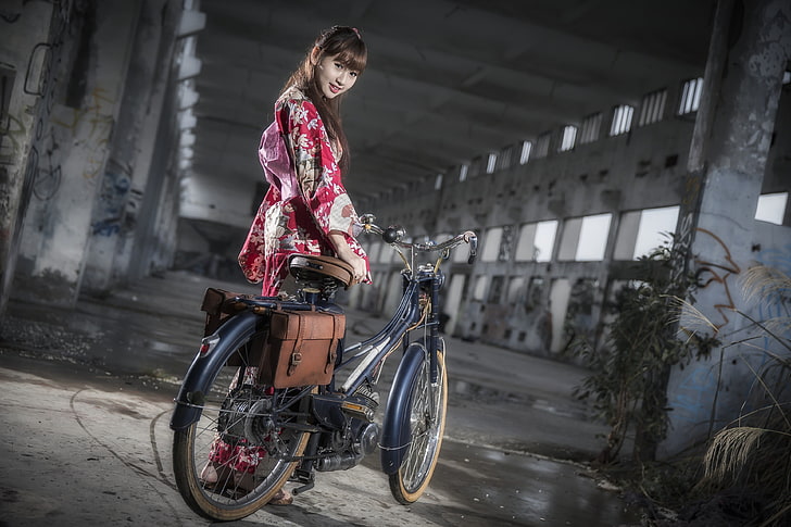 Asian, bicycle, women, model, women with bicycles, HD wallpaper