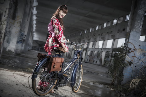 Азиатски, велосипед, жени, модел, жени с велосипеди, HD тапет HD wallpaper