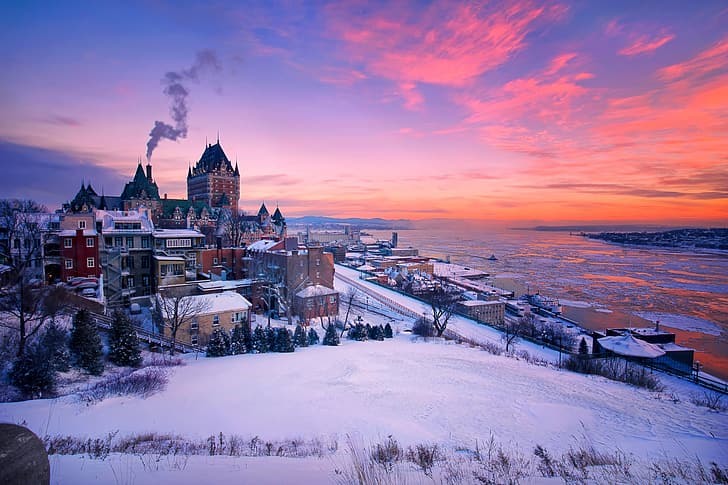 vinter, snö, solnedgång, flod, byggnad, hem, Kanada, Quebec, QC, Saint Lawrence River, St. Lawrence River, Quebec City, HD tapet