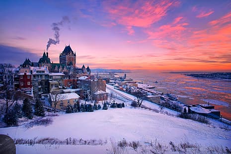 zima, śnieg, zachód słońca, rzeka, budynek, dom, Kanada, Quebec, QC, Saint Lawrence River, The St. Lawrence River, Quebec City, Tapety HD HD wallpaper