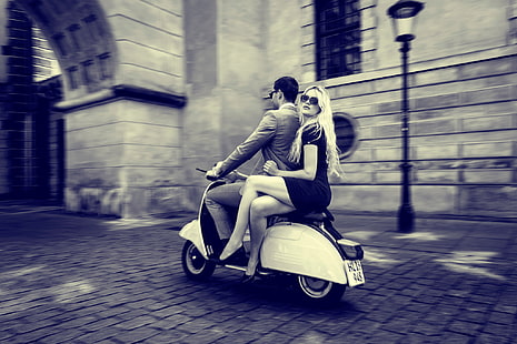 grayscale motor scooter, girl, the city, guy, vintage, retro, vespa, scooter, HD wallpaper HD wallpaper