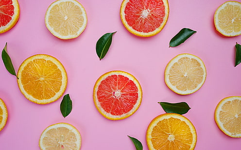 :-), fruit, orange, texture, slice, pink, lemon, leaf, HD wallpaper HD wallpaper